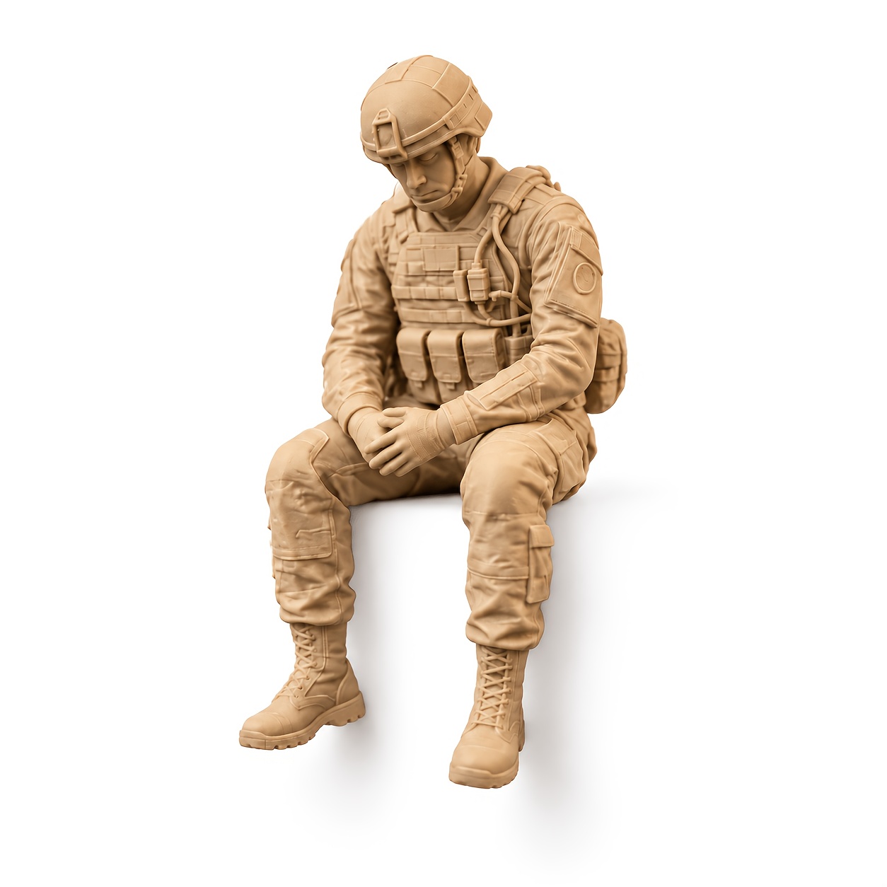 TEMU Contemplative Sitting Soldier Ornament, Military Bookshelf Edge Statue, Featuring Tactical Helmet, Tactical Vest, Boots, And Exquisite Equipment