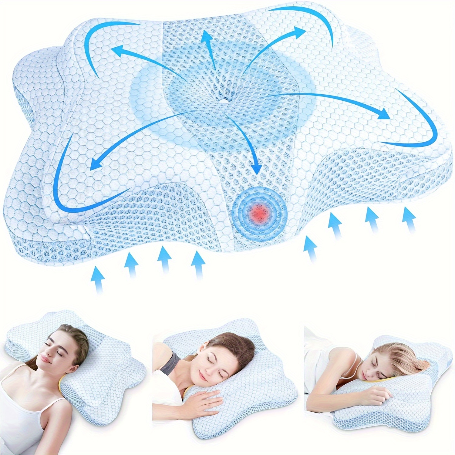 1 Pillow Designed For Sleep, Featuring An Ergonomic Shape Suitable For Side, Back, And Stomach Sleepers, With A Contoured Design For Cervical Support