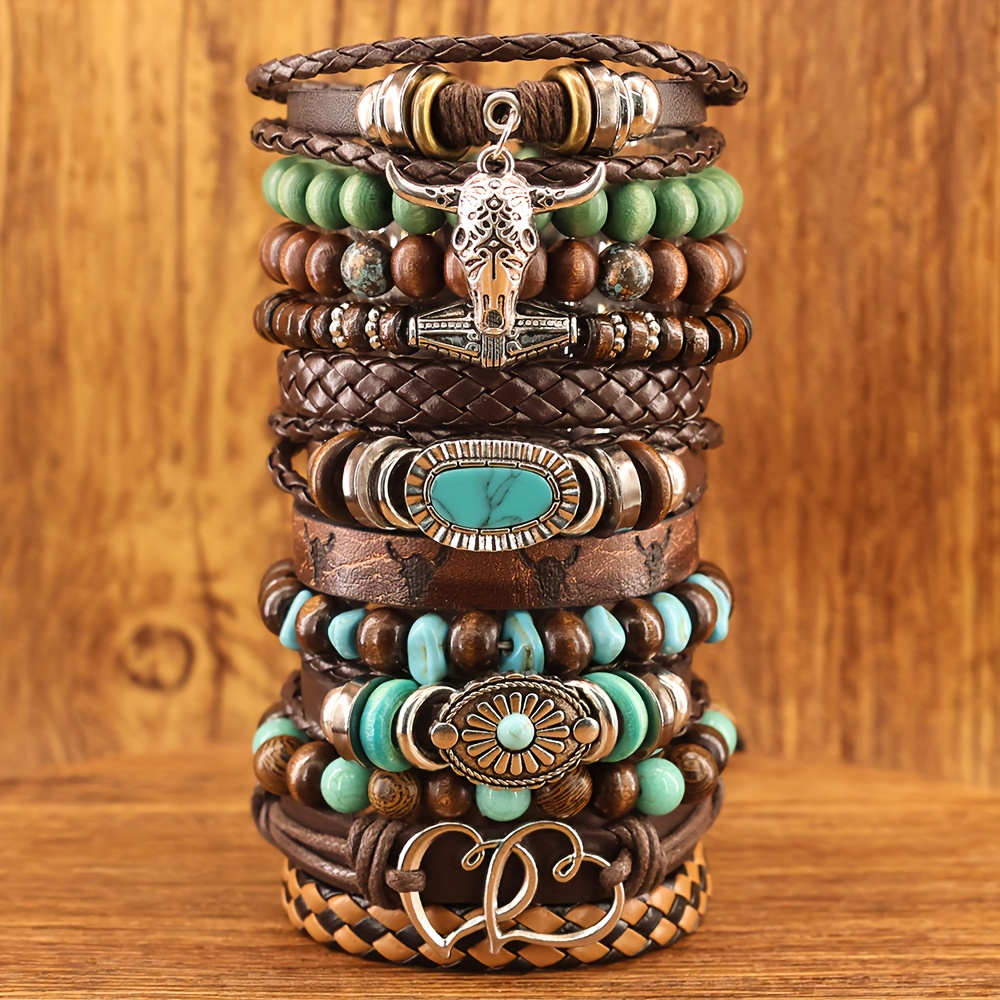 TEMU Ensemble de 12 bracelets bohèmes vintage multicouche - Bijoux de mode unisexes avec perles, breloques et boucles, parfaits pour , les fêtes, les