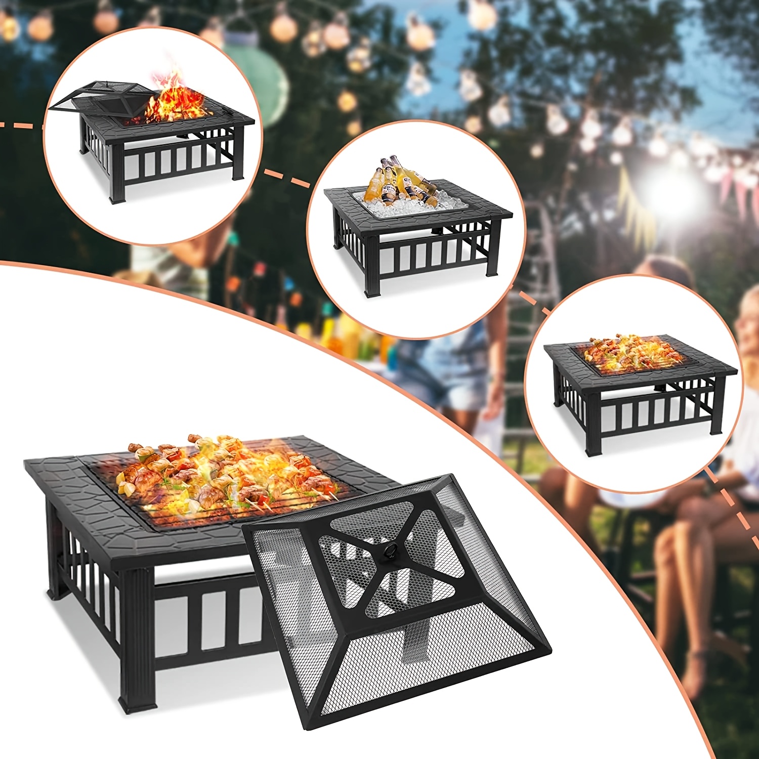 

1pc Outdoor Fire Pit Table With Stainless Steel Grill - 32" Square Cast Burning Bbq Pit, Portable Patio Stove With , Spark Screen, Rain Cover For Garden, Yard, Camping - Food Contact Safe