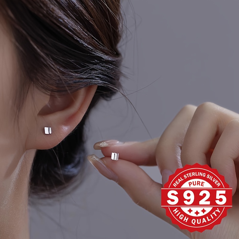 S925 Pure Silver Concave Square Ear Studs for Pierced Ears