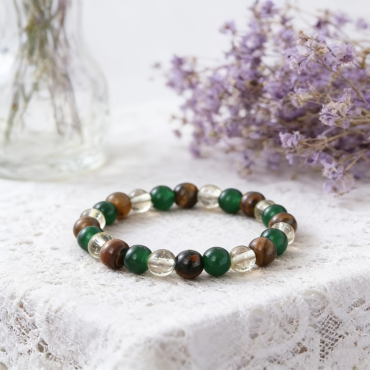 2pcs Pink Cherry Blossom Agate Tiger Eye Bracelet Set