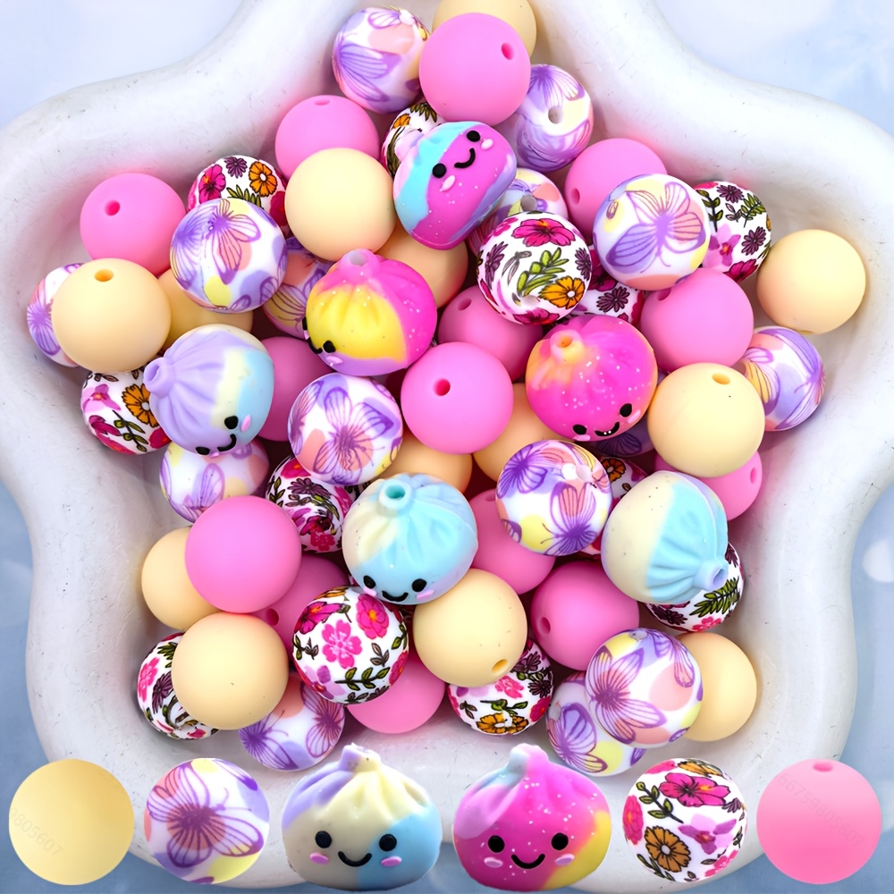 TEMU 28pcs Silicone Beads, Multicolor Bun Focus Beads, Including 15mm Print Round Beads And Flower Print Round Beads, Halloween Theme, For Diy