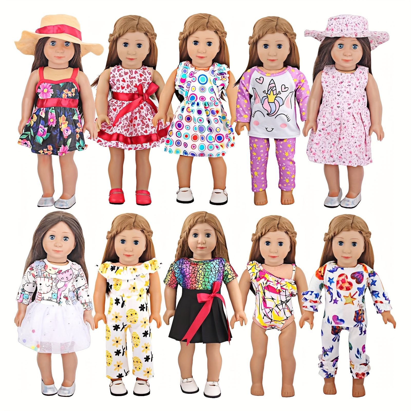 

10 Sets Doll Clothes For 18 Inch American Doll Clothes, Including 10 Of Doll Clothing Dress Outfits For American Dolls, Birthday Gifts For Kid