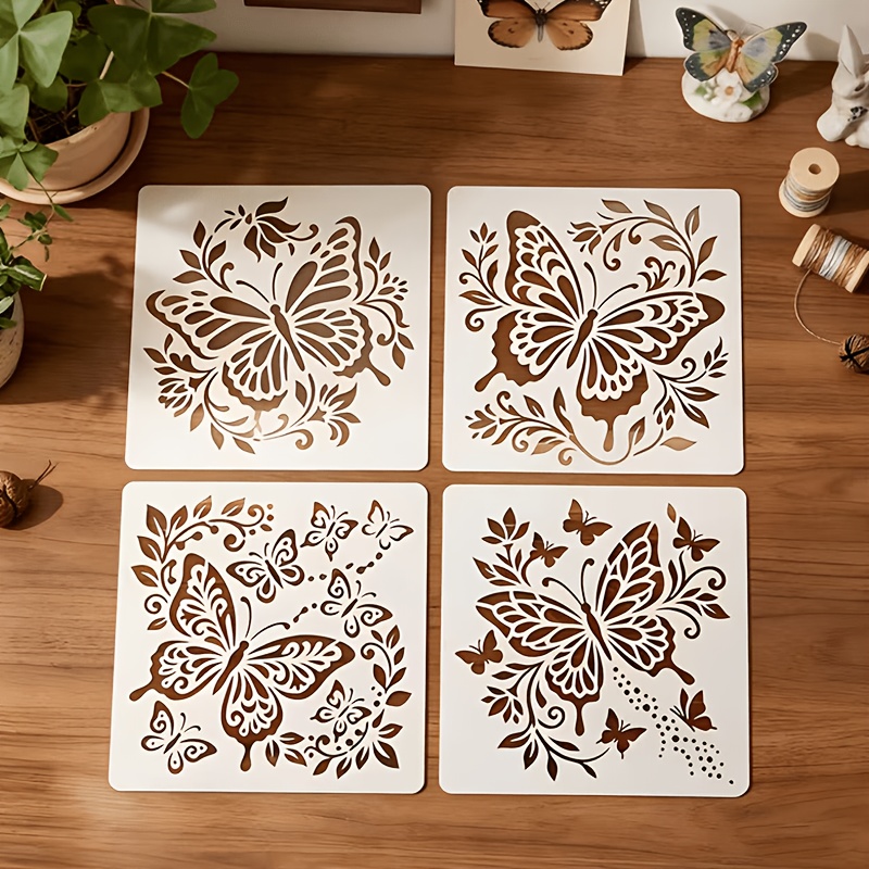 4pcs Reusable Hollow-out Stencils Suitable For Wall, Fabric, Canvas, - , Insect, Floral And Plant Templates With Vine Patterns, Craft Supplies For Hollowing Out Paper, Compatible For Home Decor