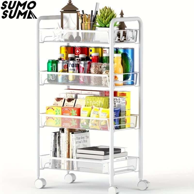 

Adjustable Rolling Kitchen Trolley With Hooks & 4 Levels Of Shelves, Easy Assembly, Black/ White