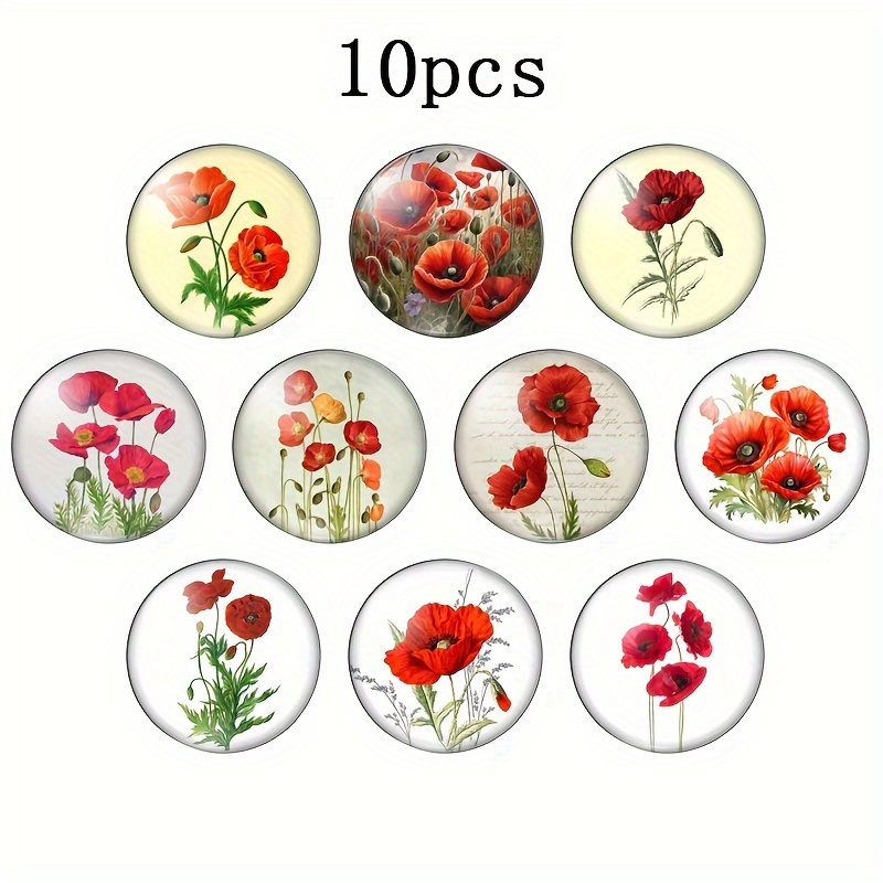 

10pcs Red Flower Pattern Round Glass Flat Back Demo Charms For Jewelry Making