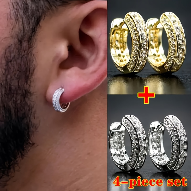 

4 Pieces/fashionable Cubic Zirconia Men's Earrings And Jewelry, Sparkling Jewelry For Parties And Banquets, Making You Instantly The Protagonist