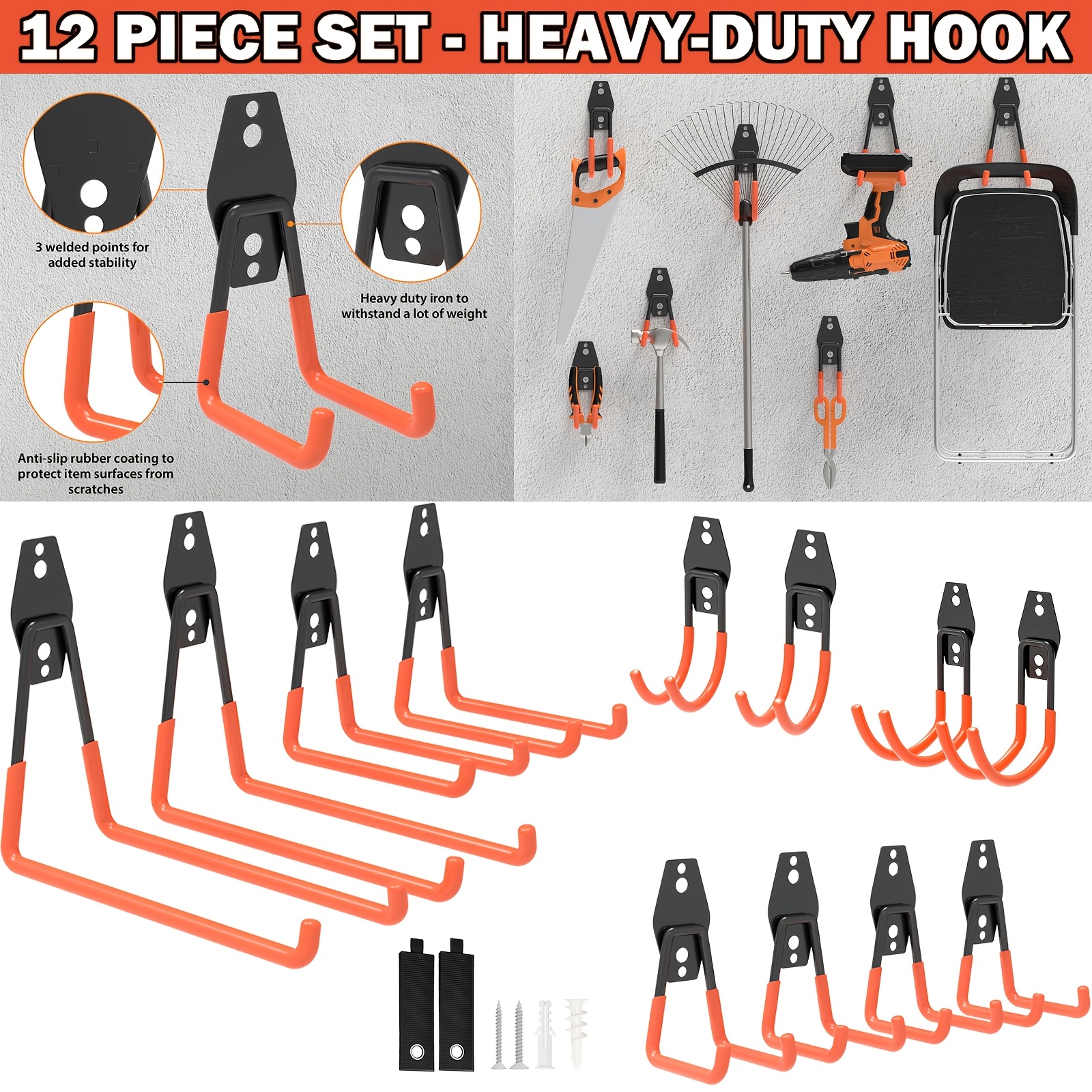 TEMU 12pcs (12 Pack) Heavy Duty Powder-coated Garage Hooks With Non-slip Base & 2 Extension Cord Holders - Wall-mounted Tool Hangers Suitable For