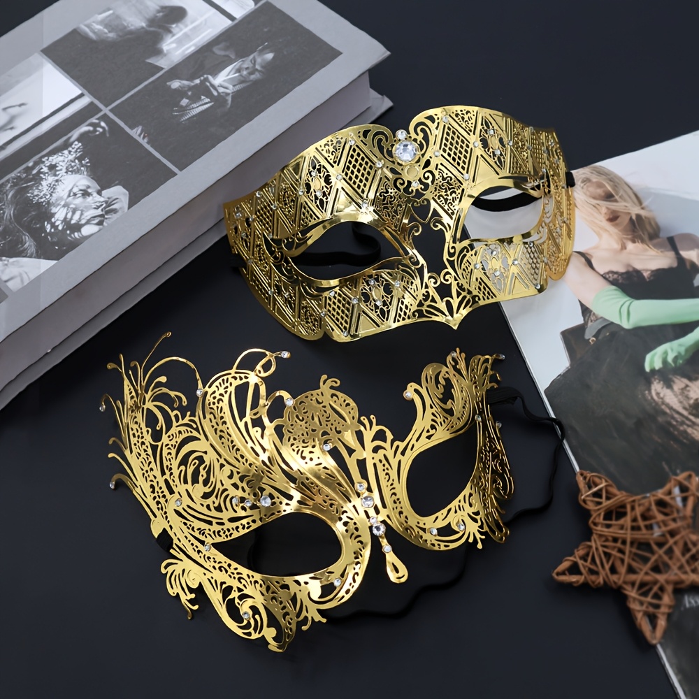 2pcs Elegant Golden Metal Venetian Masks for Couples - Detailed Feather & Floral Design, Ideal for Halloween, Parties & Cosplay, Halloween Costume Accessories | Intricate Mask Design | Detailed Craftsmanship, Halloween Masks