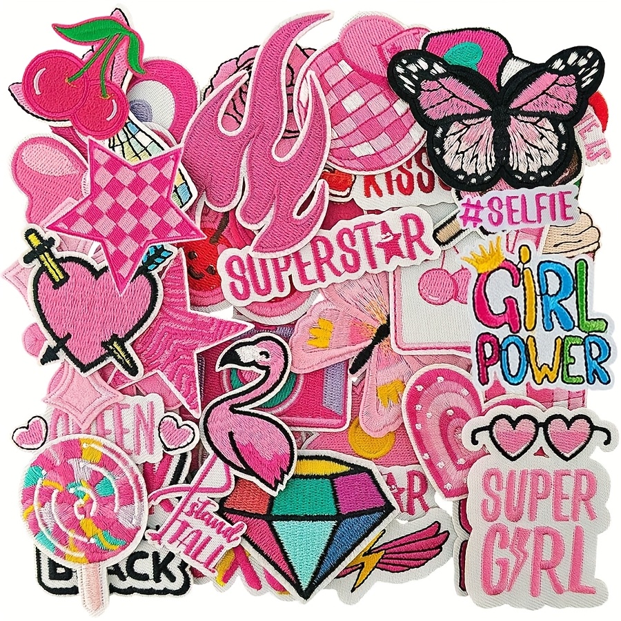 Image of Set Of 45 Iron-on Patches Designed For, Featuring Pink Preppy Embroidered Appliques Suitable For Backpacks, Clothing, Dresses, Hats, Jeans, Pants, Shoes, And Bags