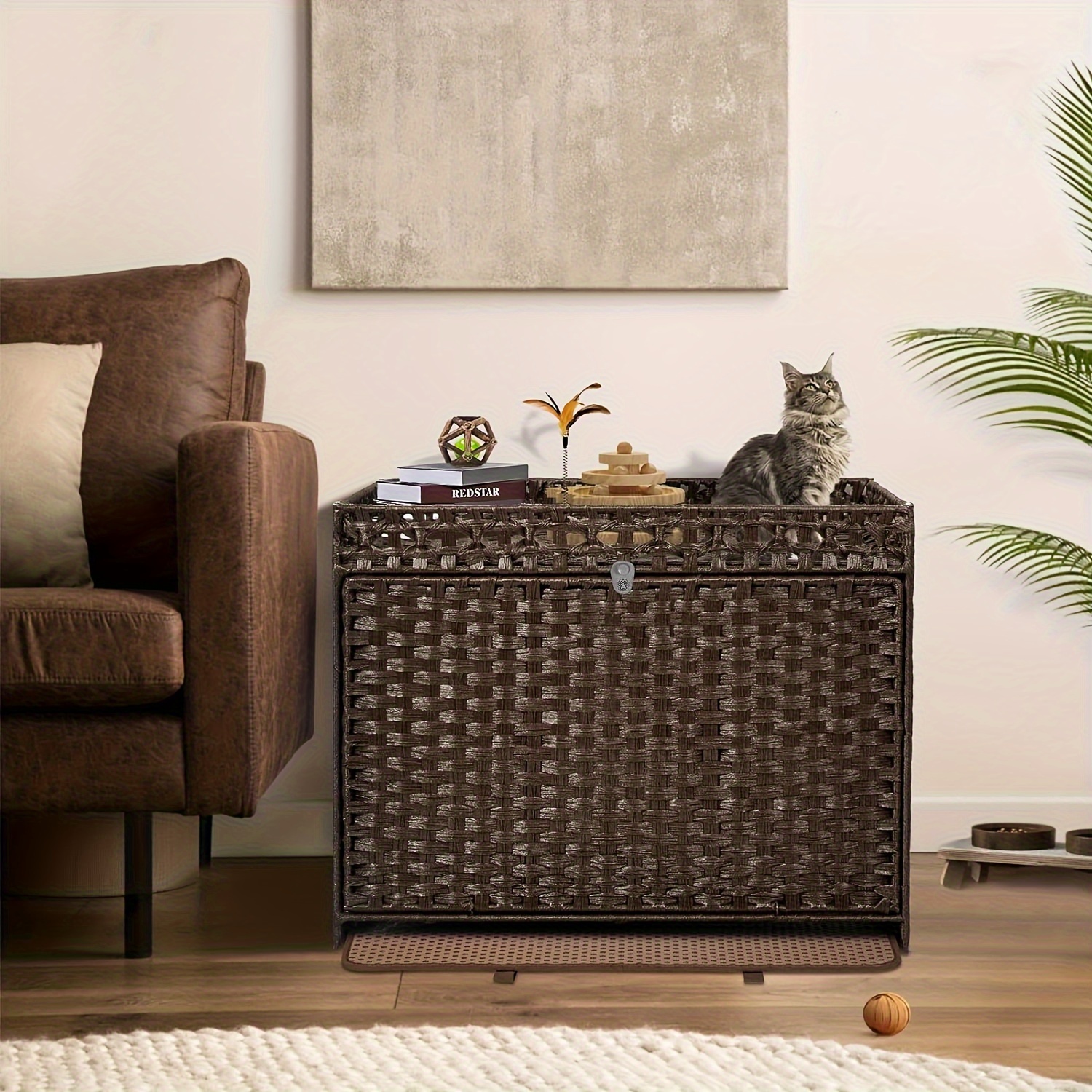 Rattan Cat Litter Box Enclosure Furniture Hidden Pet House Temu