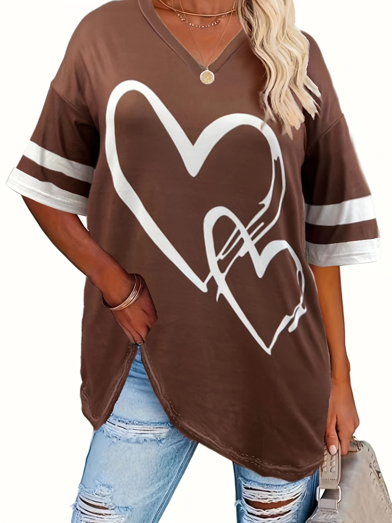 Women's Casual V-Neck Short Sleeve T-Shirt - Royal Blue with White Heart Print, Breathable Fabric, Machine Washable for Spring Summer Fall, Seasonal Fashion, Striped Detailing, Relaxed Fit Shirt