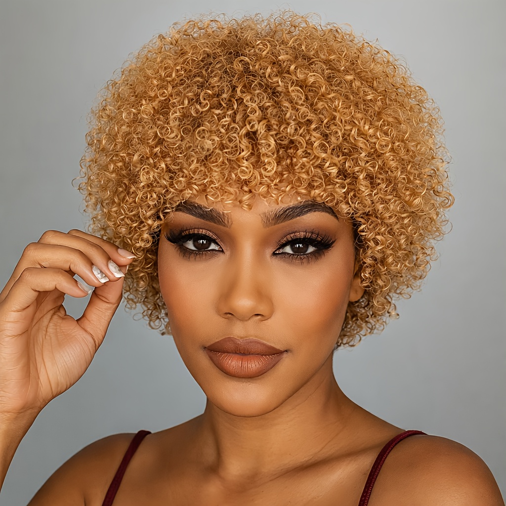 Image of Amecire Short Cut Wig Human Hair Afro With Bangs - 27# Color Suitable For Cos, African Style Wig, 180% Density Hair For Daily Wear, Christmas Parties & Themed Events, Suitable For