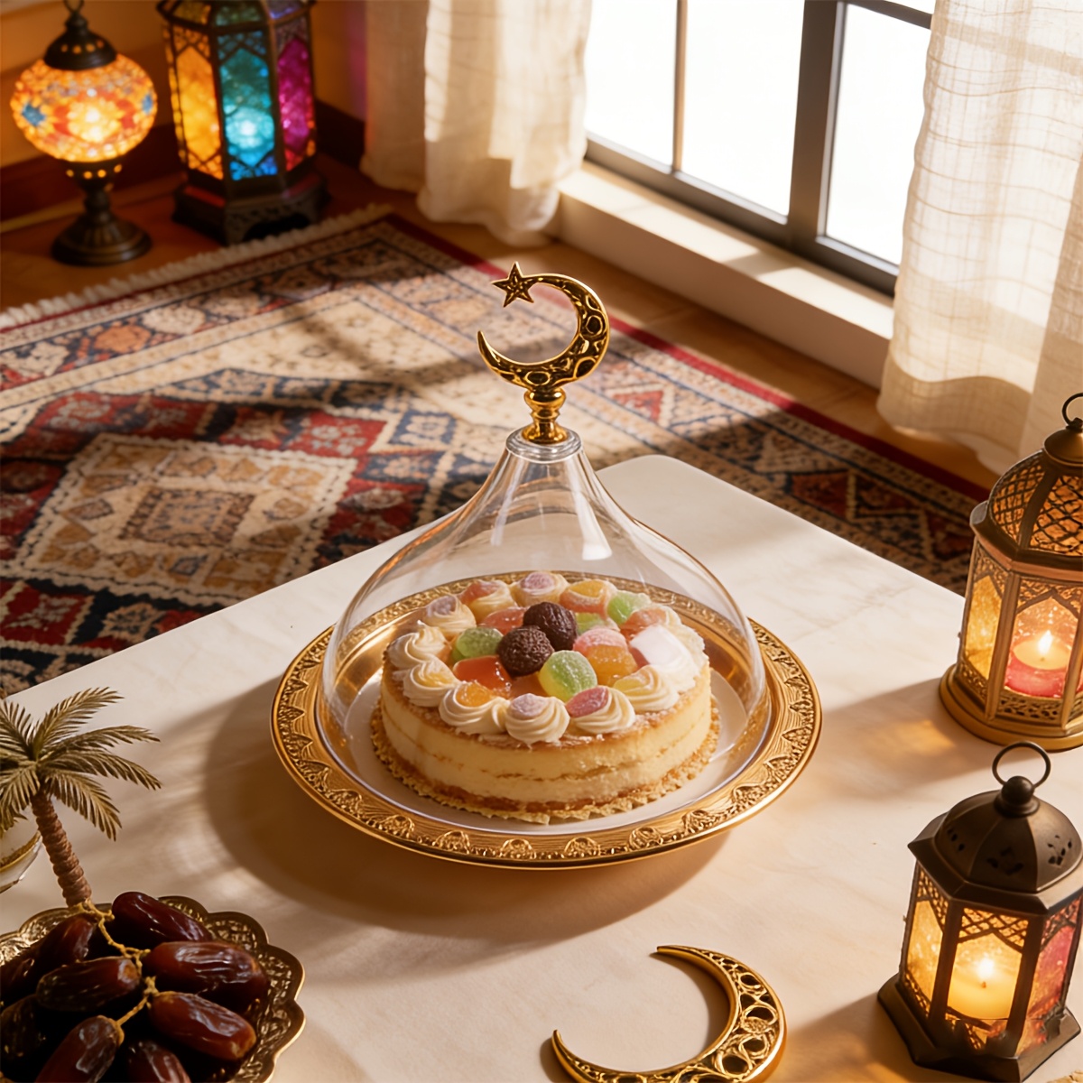Transparent Elegant Iron Cake and Dessert Plate with Acrylic Lid 1pc Round, Food-Safe, Ideal for Ramadan and Eid al-Adha Celebrations, Perfect for Serving Desserts and Cakes, Dessert Serving Plate | Elegant Tableware | Acrylic Lid Feature