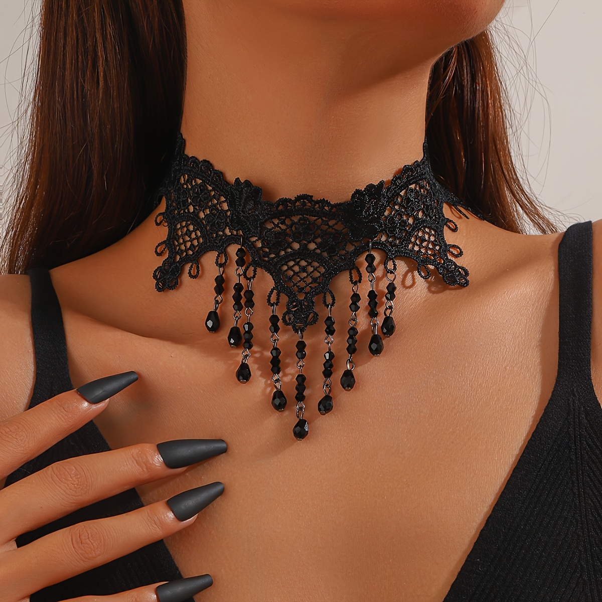 Image of 1pc Women's Fashion Collar Retro Gothic Style Black Lace Water Drop Pendant Necklace Collar Suitable For Women' Casual Wear Holiday Gift