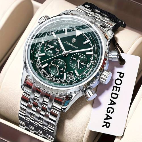 POEDAGAR men&women's Luxury Stainless Steel Watch, Chronograph, Calendar, Date Display, Green Dial with Black Bezel & Roman Numerals, Quartz Movemen&woment, Casual to Business Style, Suitable for Women&women