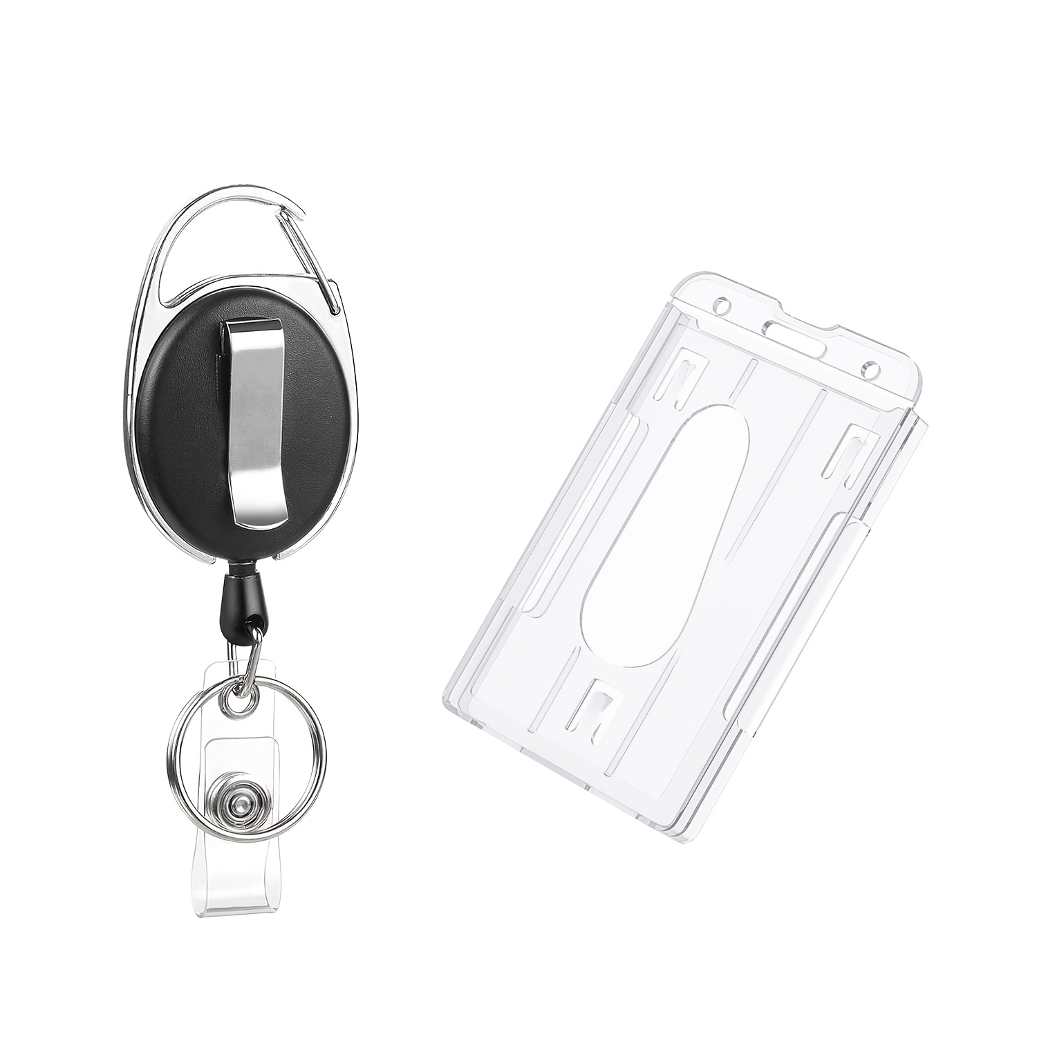 TEMU 2d Transparent Hard Id Card Holder, Plastic Id Badge Clip With Retractable Reel And Carabiner, Suitable For Work Badges, Licenses, Credit Cards,