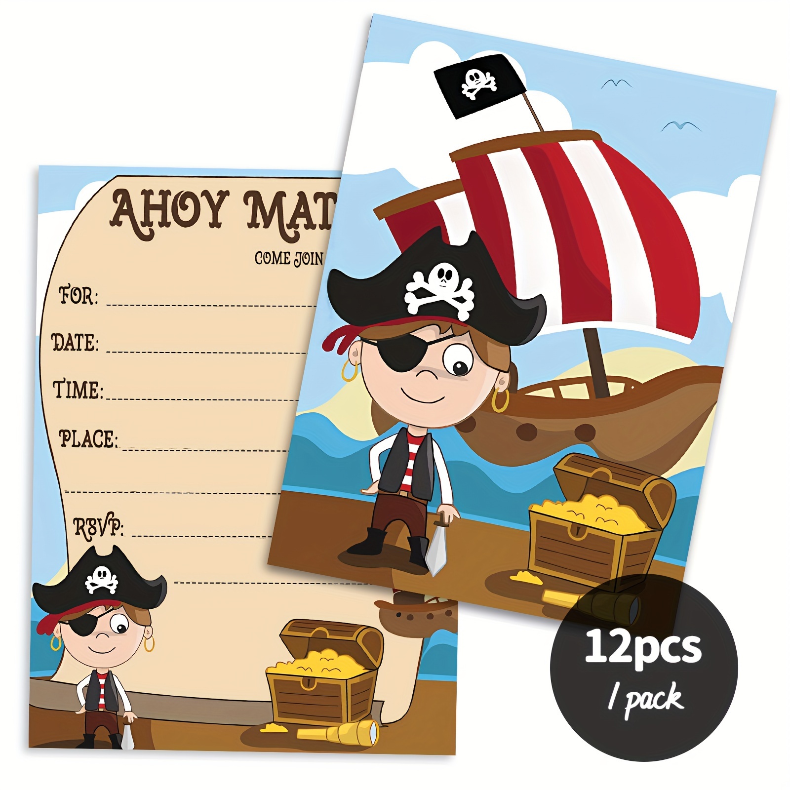 Image of 12pcs Of Pirate-themed Birthday Invitation Cards, Measuring 4.25x5.91 Inches