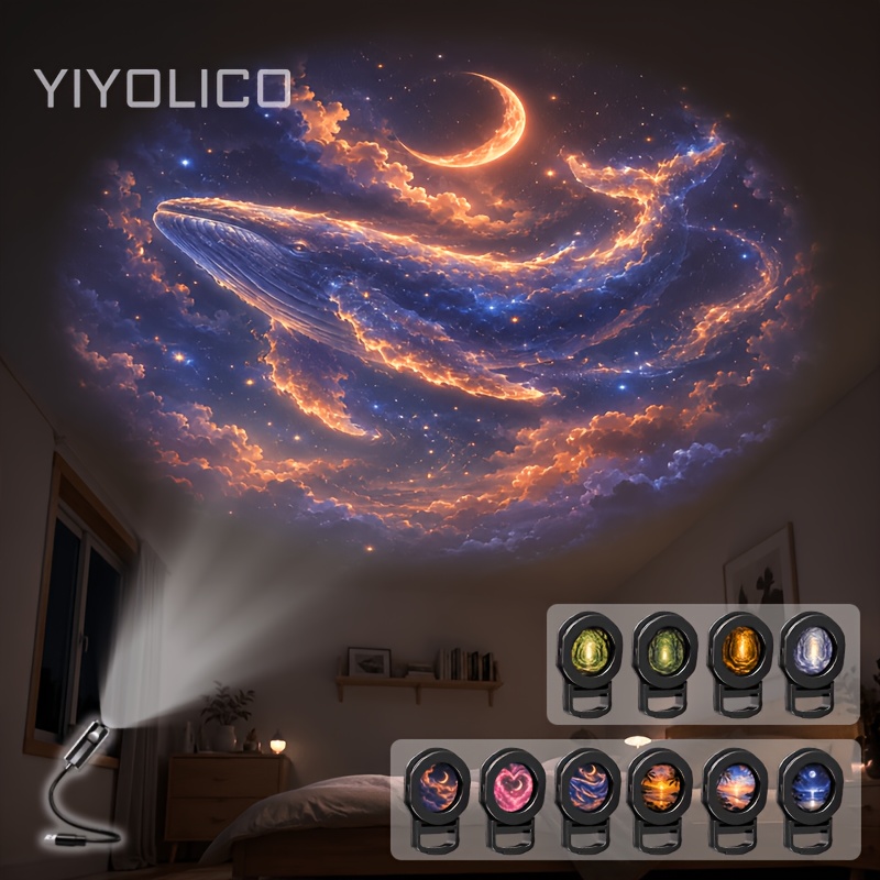 TEMU Scenery Atmosphere Led Projection Lamp, Cloud Sea, Heart-shaped Clouds, Moon And Starry Sky, Seaside Sunset, Forest Aesthetic Light, Usb Night
