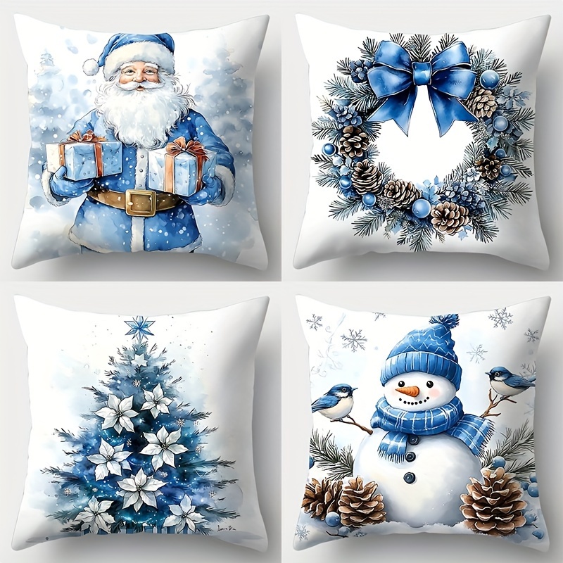 

Christmas Set Of 4 - , Snowman, Christmas Tree, Wreath | | Zippered | | Sofa Cushion 17.7x17.7 | Decor ( Not Included)