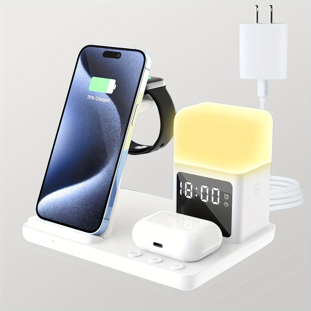 

6in 1 Wireless Charger With Led Night Light Clock, Multifunction Wireless Charging Station 15w Fast Charger For Iphone 15 Pro Max 14 Plus 11 X 8, For Iwatch Ultra Se 6 5 4 3 2, Airpods 3/2/pro