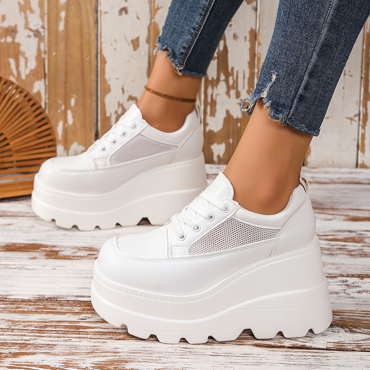 High Heel White Lace Up Platform Sneakers Women's Chunky Platform