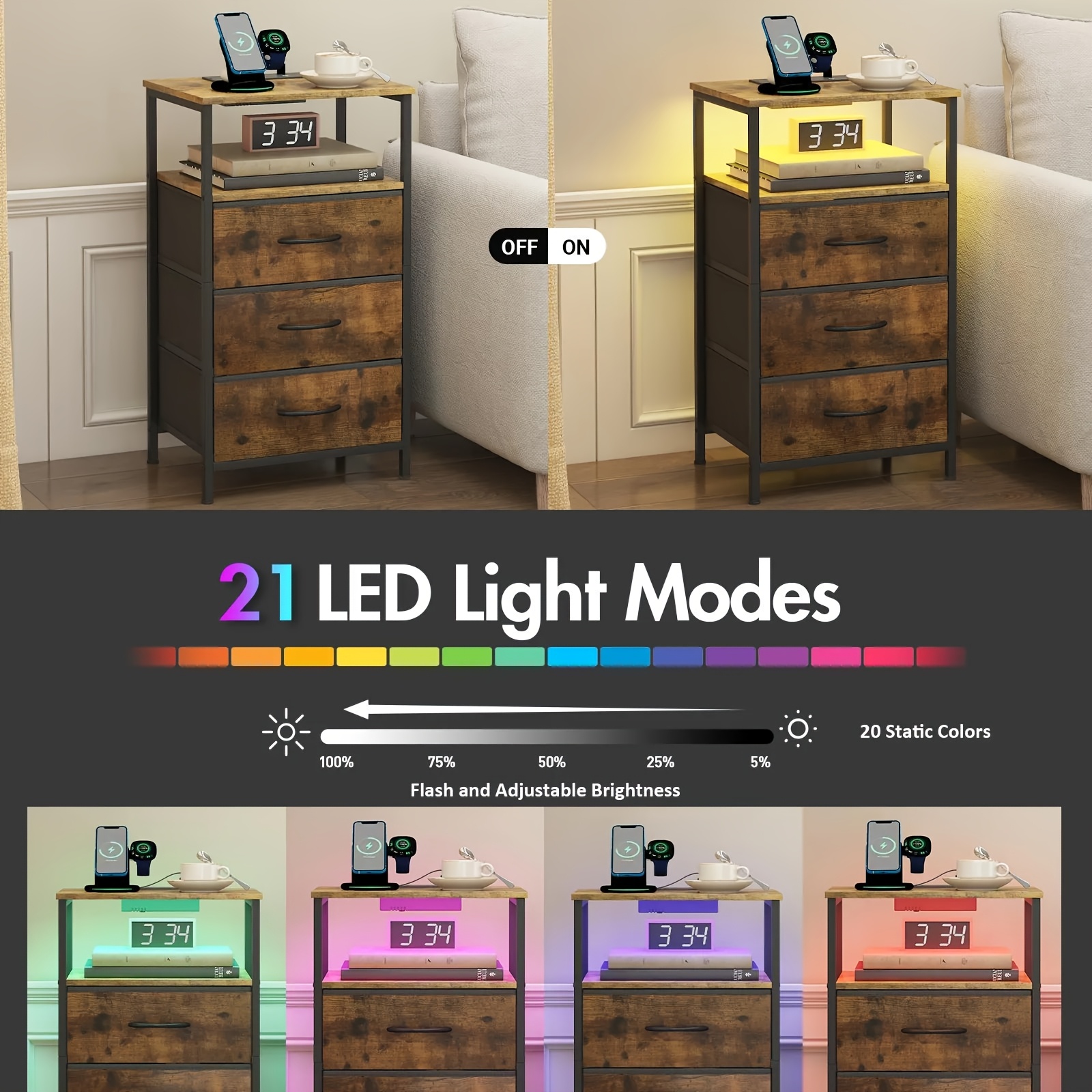2pcs bedside   fabric drawers wooden tabletop led nightstand with charging station and usb port chest of drawers with storage shelf walnut Product details 1