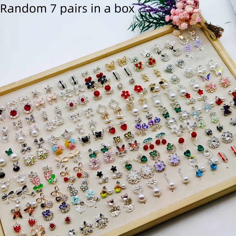 TEMU Boîte de 14pcs/7 pièce de boucles d'oreilles robustes en alliage micro-incrusté de , vente en gros, luxe léger, niche haut de gamme, boucles