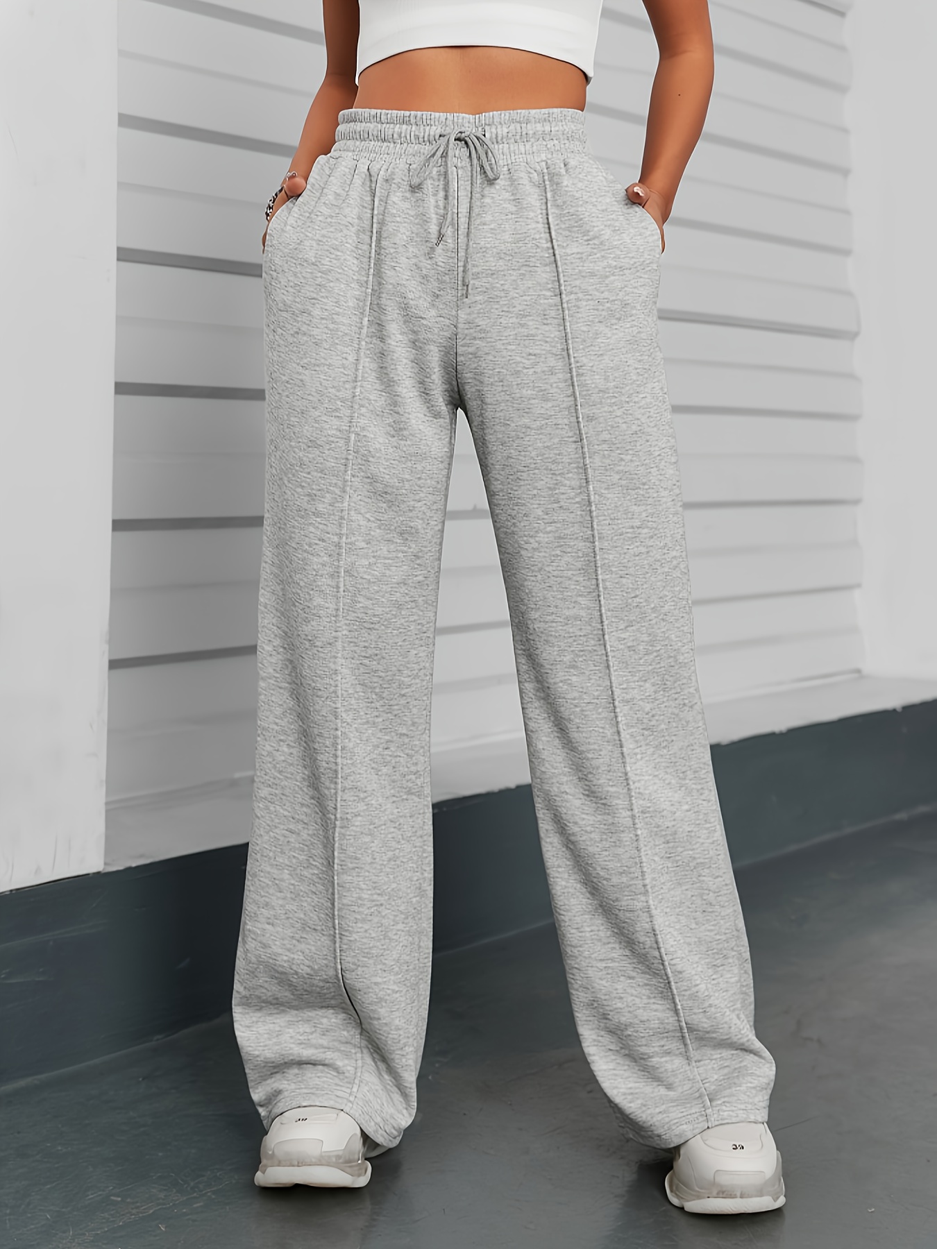 Solid Loose Straight Leg Sweatpants Casual Drawstring Waist - Temu