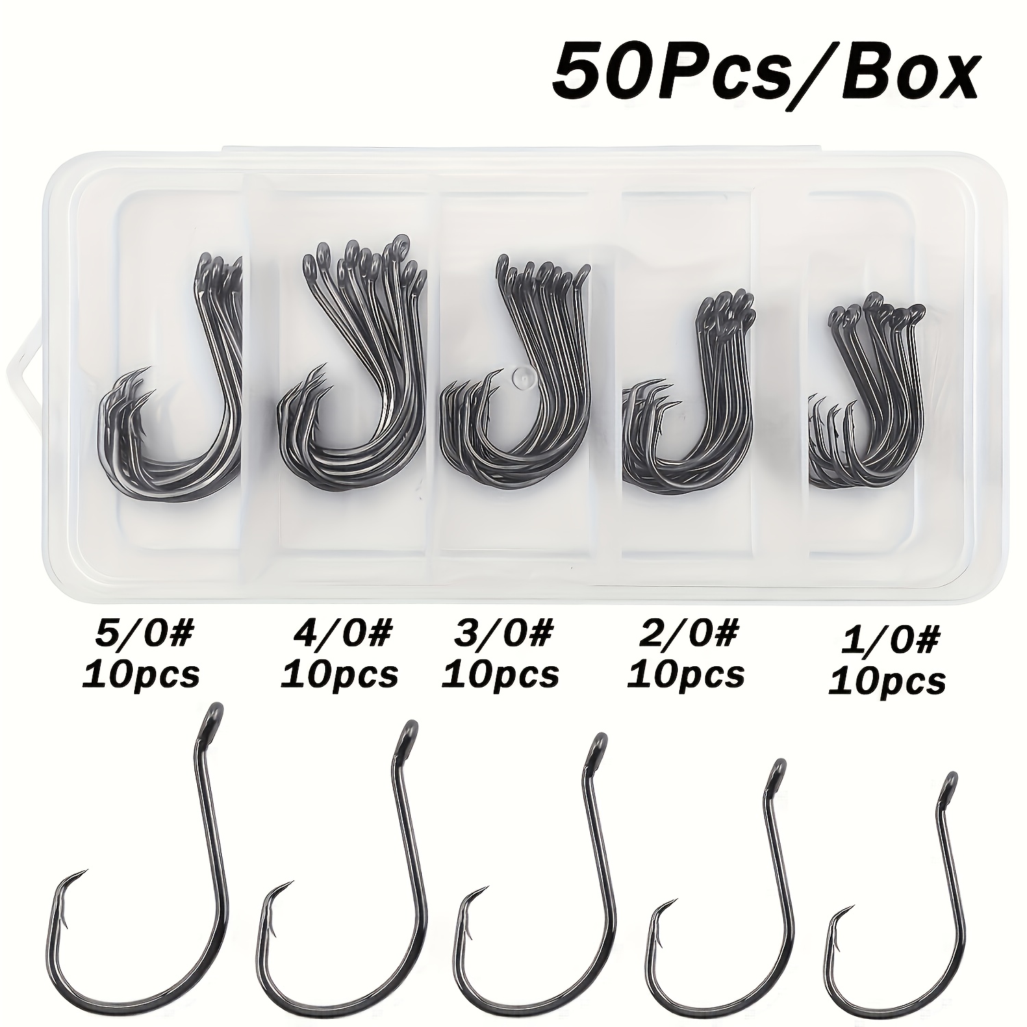 TEMU 50pcs Fishing Hooks Kit With Tackle Box, High Carbon Steel Circle Hooks Set 1/0-5/0 Sizes, Sharp Barbed Fishing Hooks For Catfish Fishing