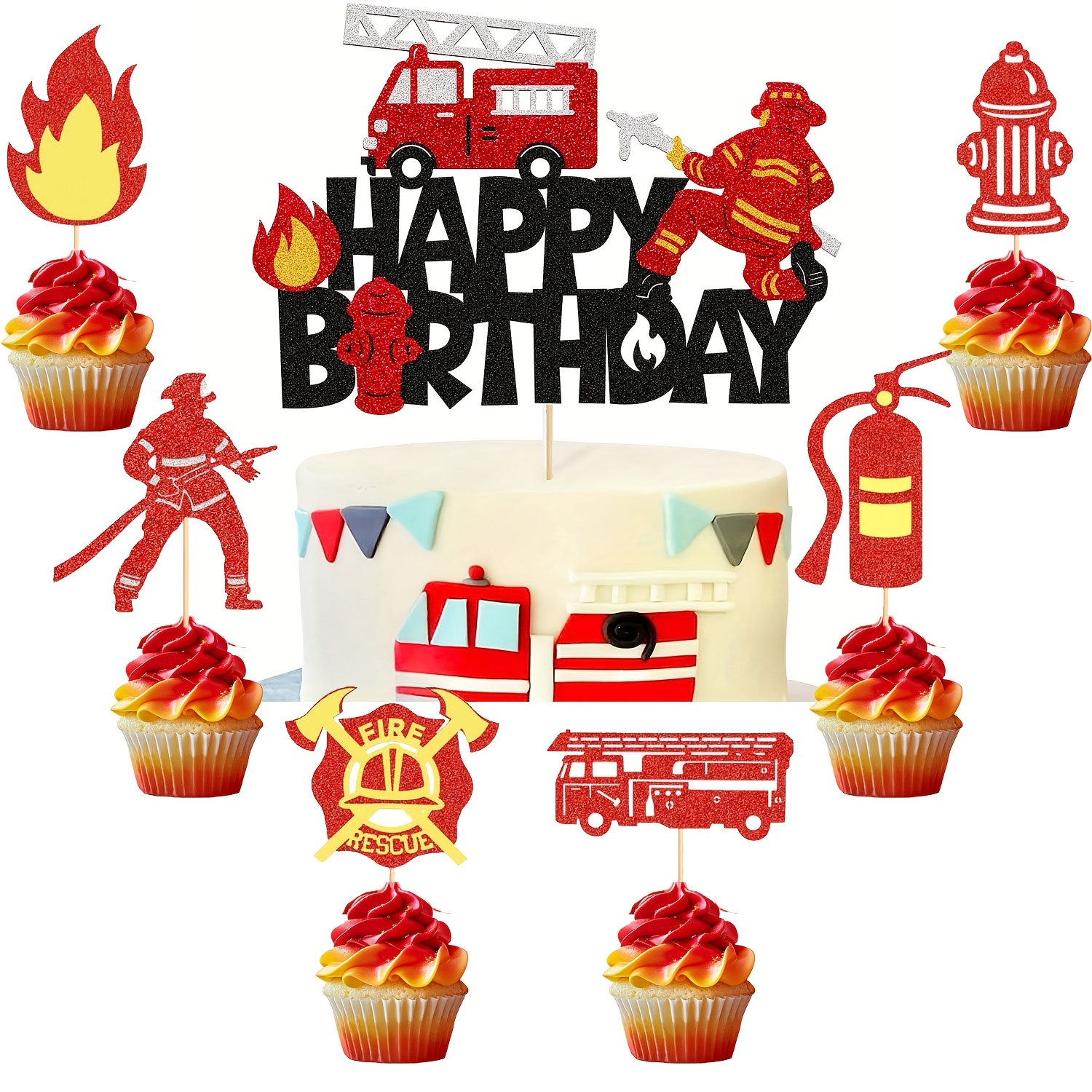 Image of 13pcs Fireman Cupcake Cake Toppers Fire Hydrant Truck Firefighter Helmet Themed For Baby Shower Happy Birthday Cake Decorations Party Supplies
