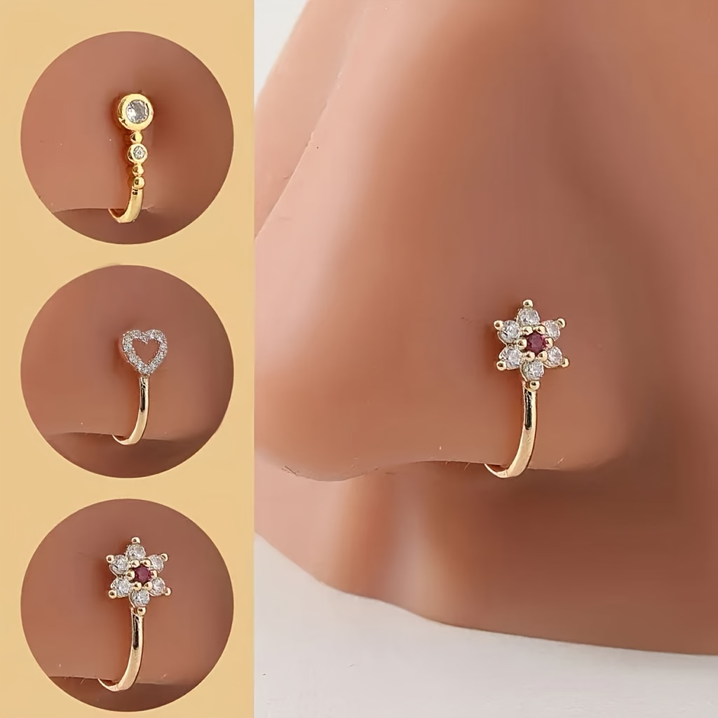 Image of 3pcs Set Women's Fashionable Sexy Adjustable U-shaped Nose Ring Clips - Plum And - Daily Wear Nose Jewelry Gift