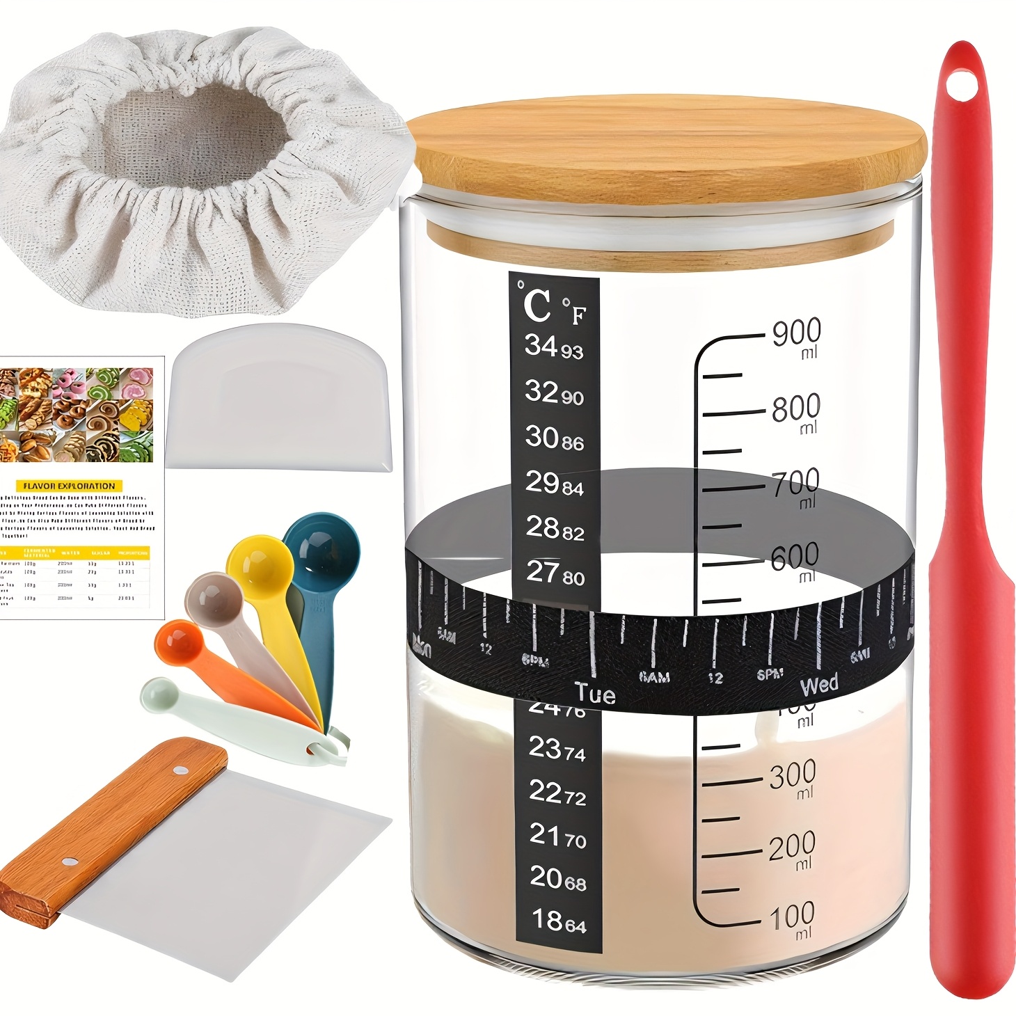 TEMU Premium Sourdough Starter Jar, 34 Oz With Bamboo Lid, Cloth Cover, Date , Thermometer And Scraper, Wide Mouth Jar Cover, Sourdough Jar, Glass Jar For Baker, Bread Baking Supplies