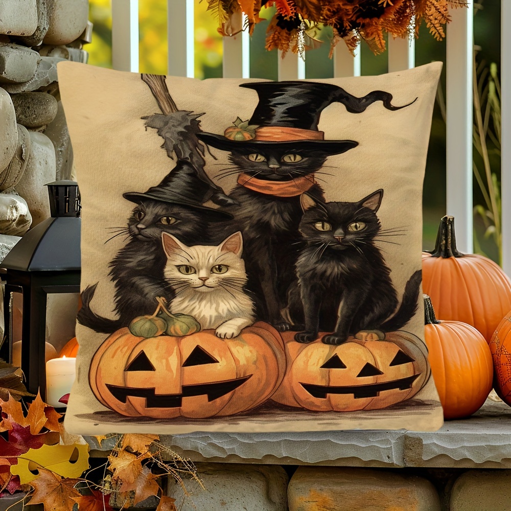 

Festive Halloween Pillow Cover: Dwarf Black Cat Eye Crow Ghost Series Pattern, 17.7 Inches * 17.7 Inches, Suitable For Sofa, Living Room, Bedroom Home Decoration, No Pillow Insert