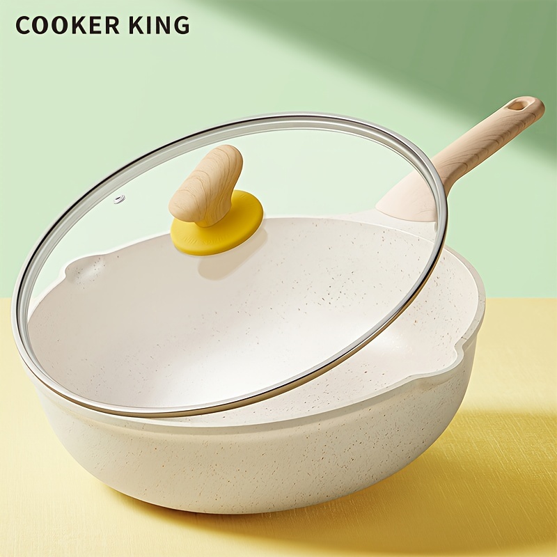 

Cooker King 1pc Wok Pan With Glass Lid - Free, Heat-resistant Handle, Ceramic Coated For Durability, Induction & All Cooktops Compatible, -resistant, White With Yellow Accents