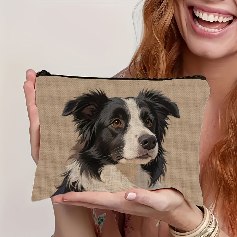 TEMU Large Border Collie Face Pattern Makeup Bag - Beige And Black Cosmetic Organizer, Women's Zippered Travel Toiletry Pouch, Spacious Portable