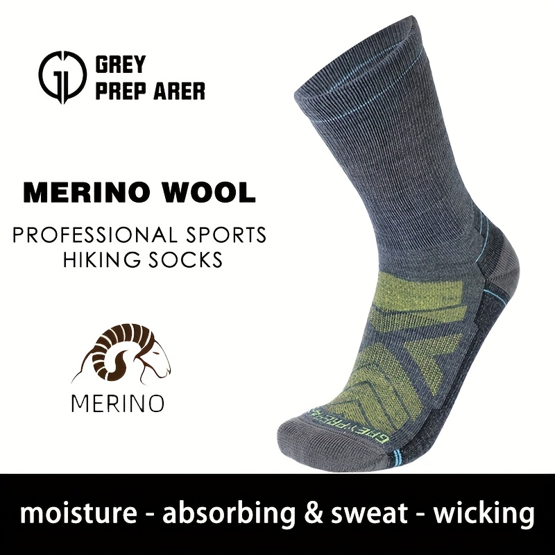TEMU 1 Pair Men's Wool Wool Hiking Socks - , Breathable, Outdoor Sports Socks, Black With Purple & Gray Accents, For Hiking & Climbing, Hiking