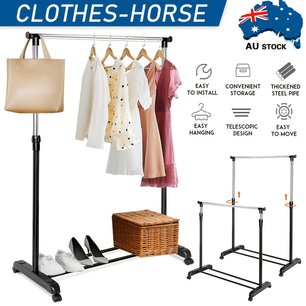 TEMU Heavy-duty Foldable Metal Clothes Drying Rack - Double Rail Freestanding Garment Hanger With Wheels, -saving Storage Rack For Apartments, Dorms,