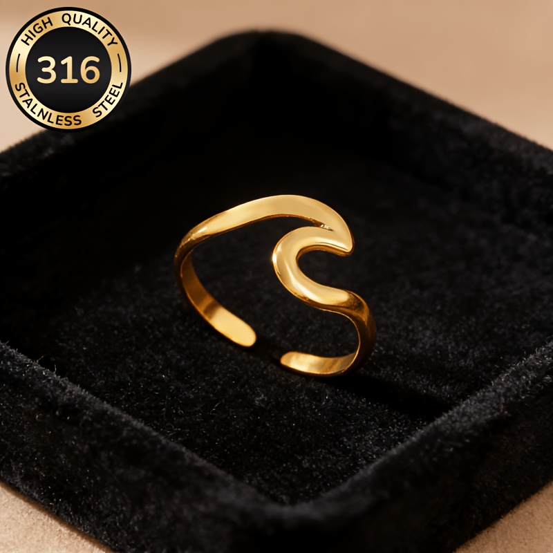 Hypoallergenic Golden Stainless Steel Open Ring with Wavy Curve