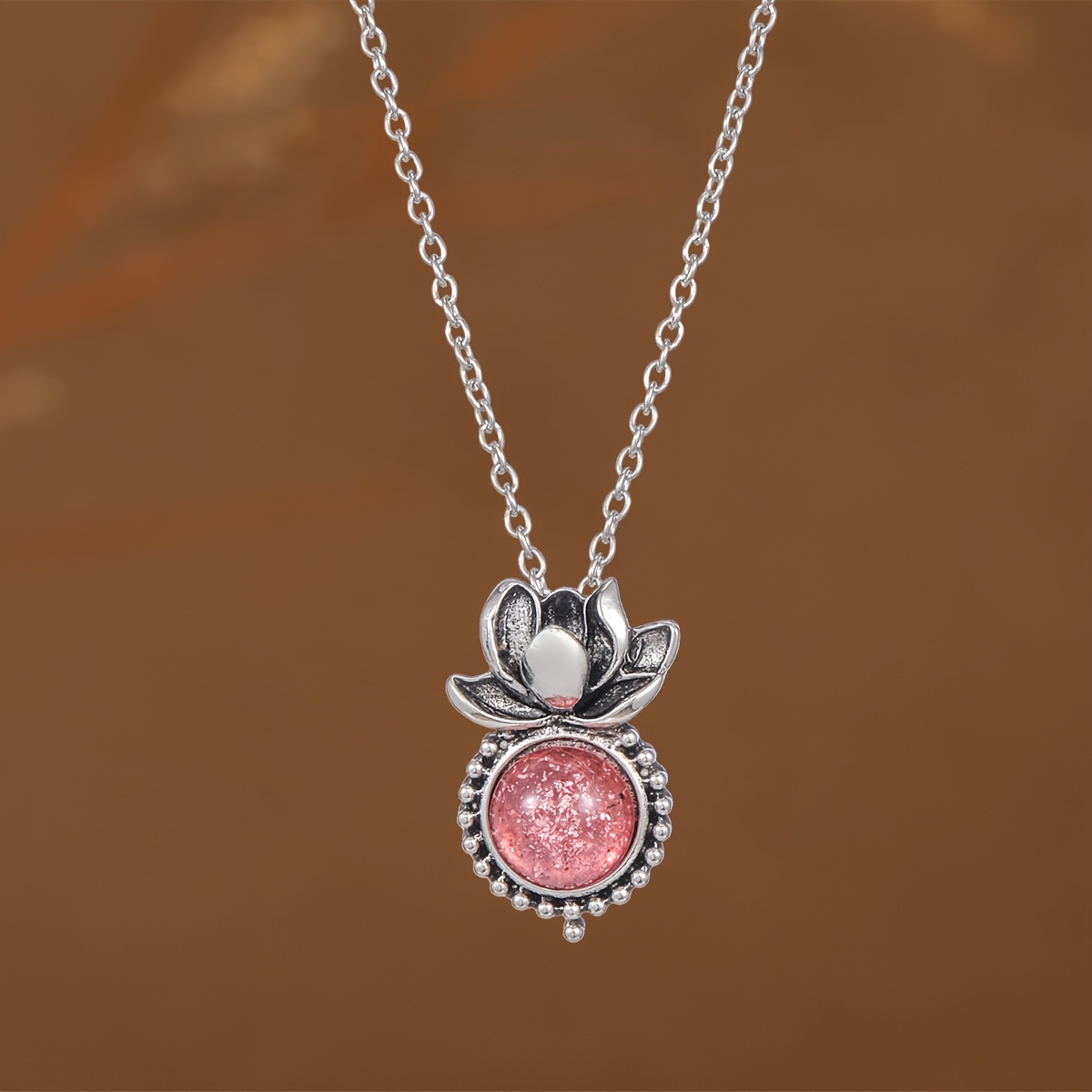 TEMU Retro Distressed Lotus Pendant Women's Necklace Suitable For Parties Gatherings Daily Versatile Thin Chain Clavicle Chain