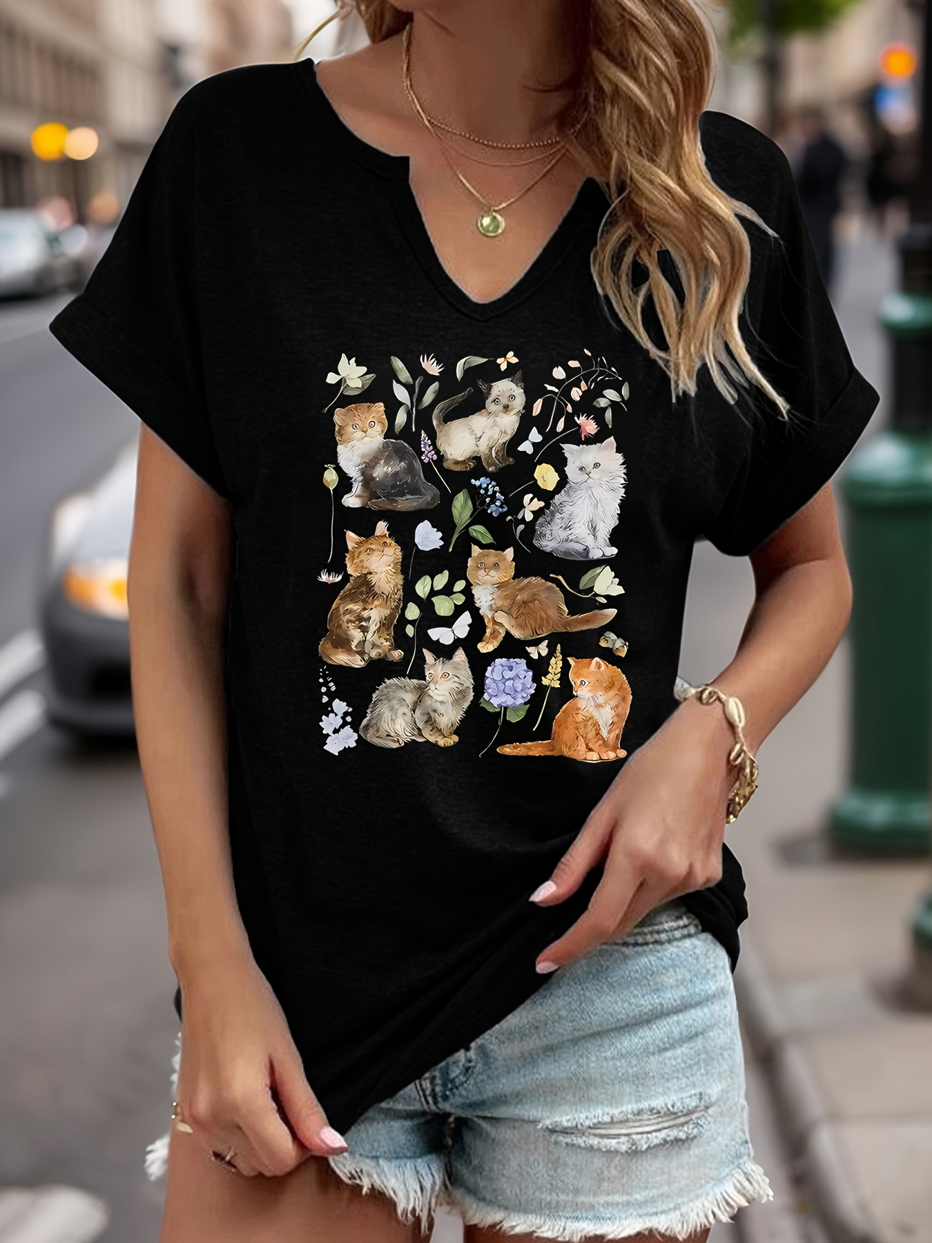 t shirt femme motif chaton col rond manches courtes Temu France