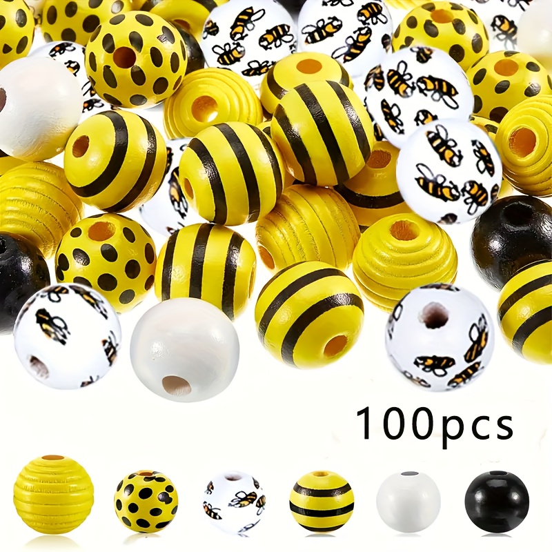 Image of 100pcs 6 Styles Bee Beads Wooden Honeycomb Beads Bulk Honey Jar Spring Summer Country Farmhouse Bee Craft Bulk Wooden Beads Bracelet Beaded Necklace Home Decoration Diy Crafts