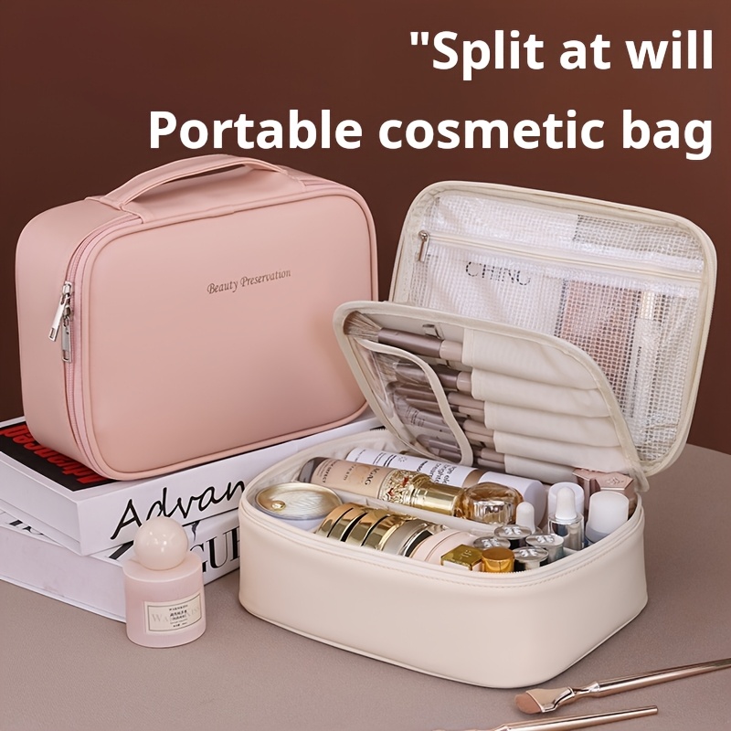 large-capacity multi-tier cosmetic organizer case with detachable brush storage - synthetic leather-like texture makeup bag with golden-tone hardware, beige & black travel beauty storage box with multiple compartments & top opening - unisex portable organizer for  ,   makeup organizer for daily use or travel, durable & stylish design with golden-tone hardware & zippered closure, makeup organizers and storage, colorful cosmetic bag, Product details 9