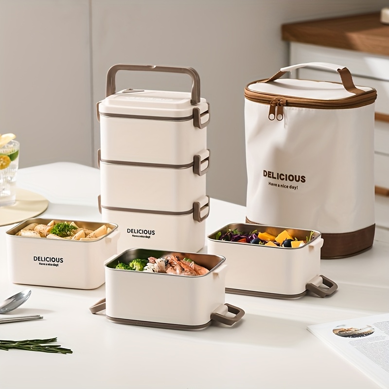 1pc Stainless Steel Square Compartmented Multi-Layer Lunch Box - Large Capacity Lunch Box with Cutlery, 1/2/3 Layers, Suitable for Adults, Office Workers in School, Canteen, School Dormitory, for Camping Picnic And Beach, Home Kitchen Supplies