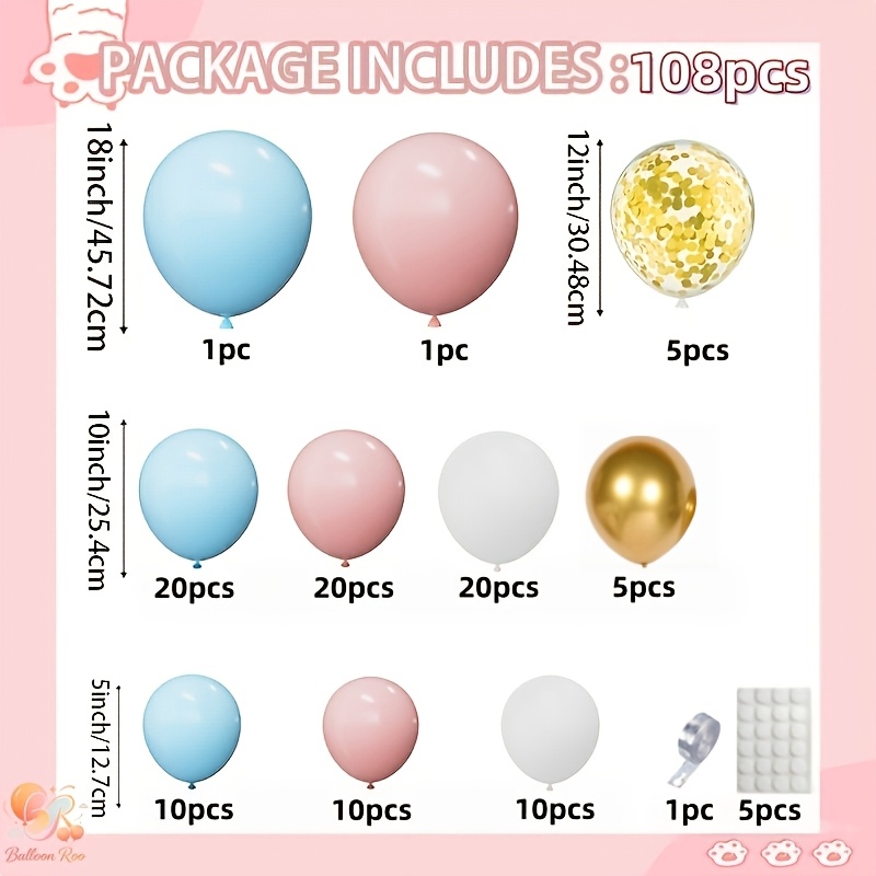 TEMU 108pcs, Bleu, Rose, Blanc et Multicolore Ballons en Latex , Ensemble de Ballons Thème de , Convient pour les Fêtes à , les Baptemes, les