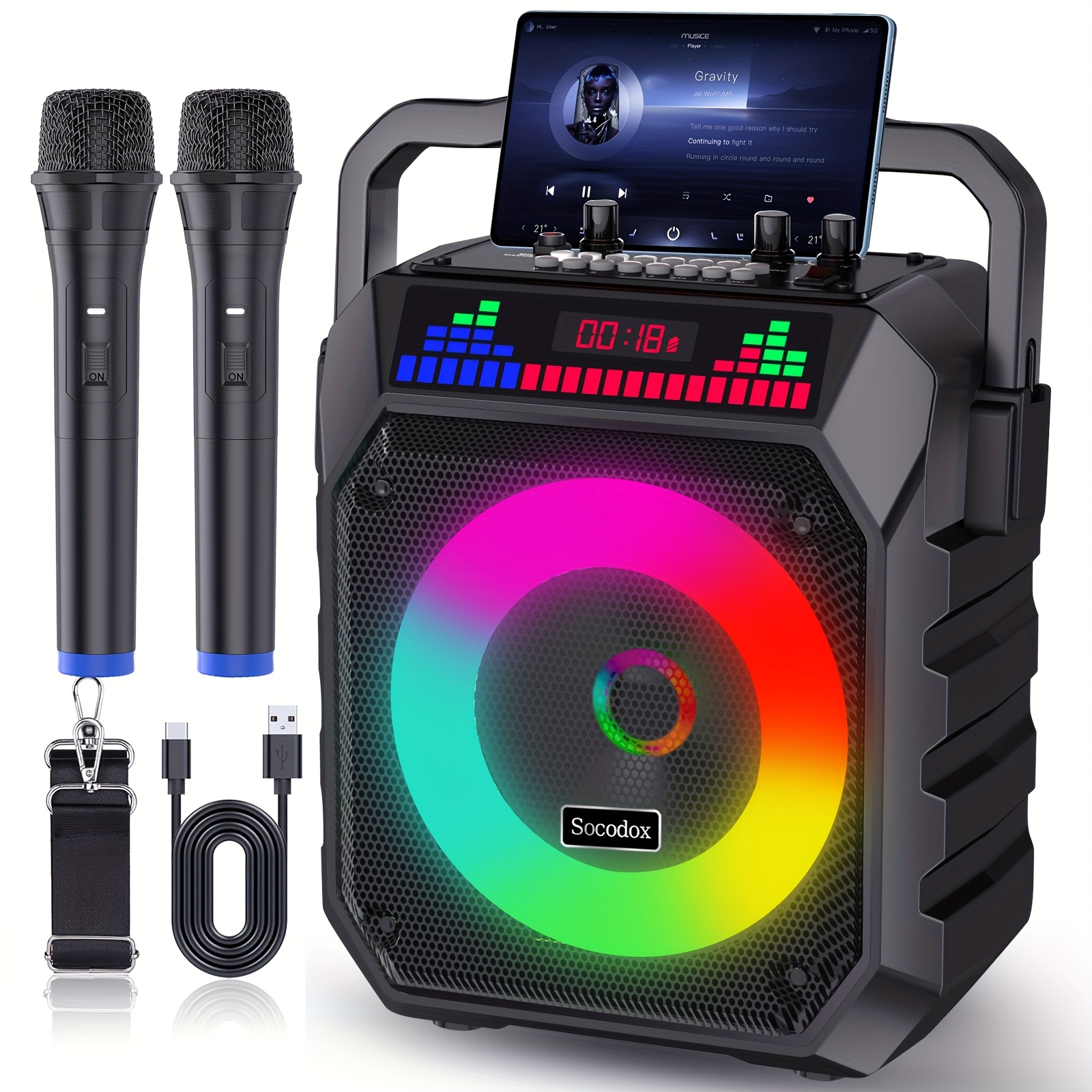 portable   featuring a wireless speaker and two microphones suitable for   adults and children it   lights and an   dsp chip and supports tws tf card usb aux and live functions making it   home parties