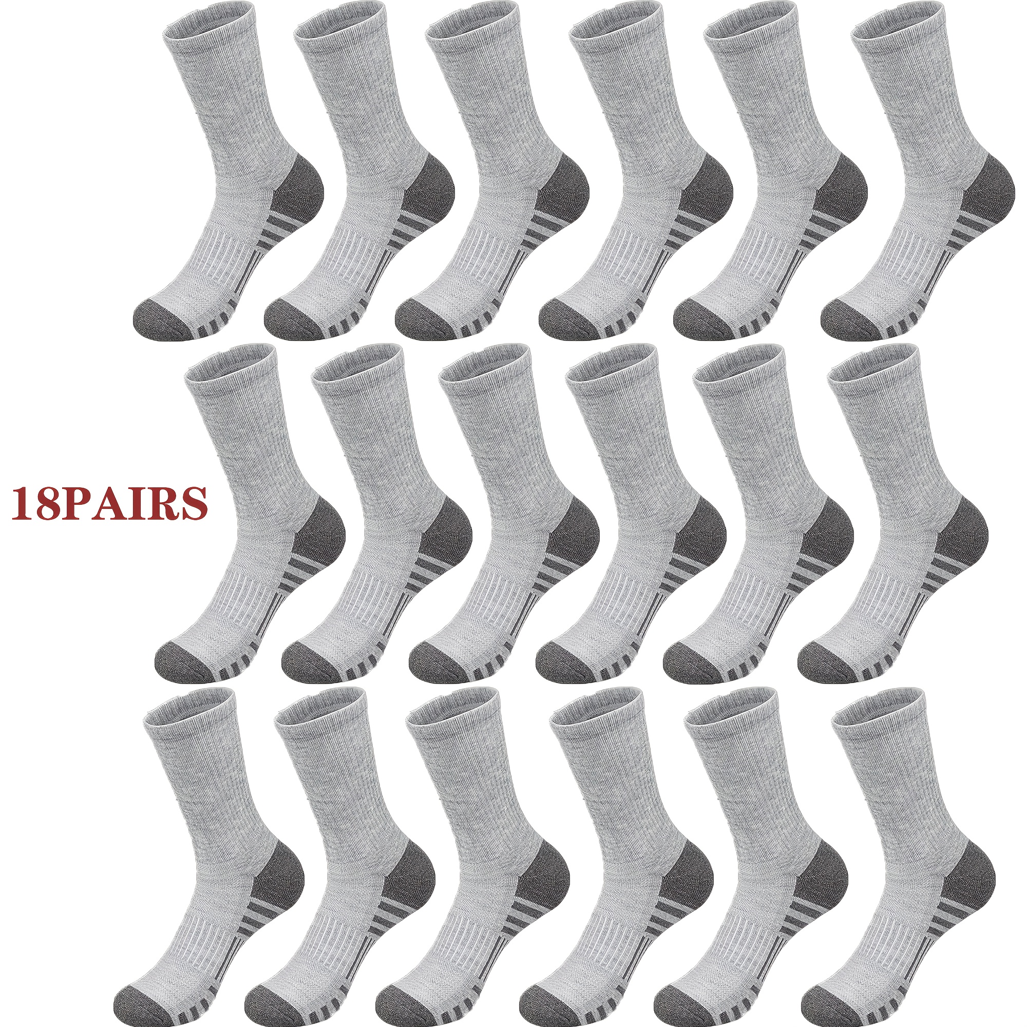 

18 Pairs Men's Elastic Crew Socks, Mid-calf Length Athletic Basketball Socks, Autumn Winter Grey Long Tube Socks For Outdoor Activities