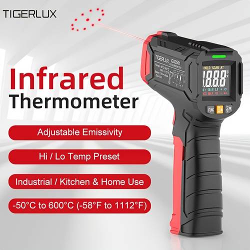 the color screen thermometer gun allows for continuous measurement features adjustable emissivity for has alarms for high and low temperatures