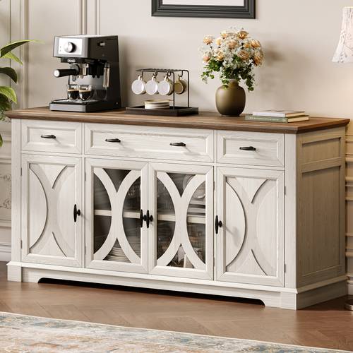 64 long farmhouse sideboard cabinet with 3 drawers and buffet cabinet with adjustable shelves and curved glass doors large storage cabinet for dining room living room kitchen